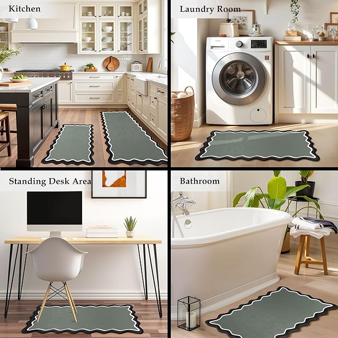 Arenarug Scalloped Black Gray Kitchen Mats Rugs Sets of 2 Cushioned Anti Fatigue Floor Mat Waterproof Kitchen Rugs Non Slip Foam Comfort Standing Mat for Sink Laundry, 17.3"x30"+17.3"x59"