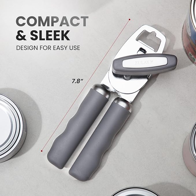 Zulay Kitchen Heavy Duty Stainless Steel Can Opener Manual with Bottle Opener - Rust Proof Manual Can Opener With Turn Knob & Comfy Soft Grip Handles - Gray