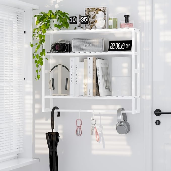 PPN Extra Large Towel Rack Bathroom Storage Shelves Over The Toilet with Towel Bar 100% Bamboo Adjustable Height Floating Shelf Wall Shower Shelf for Small Space Bathroom Kitchen Multi Usage