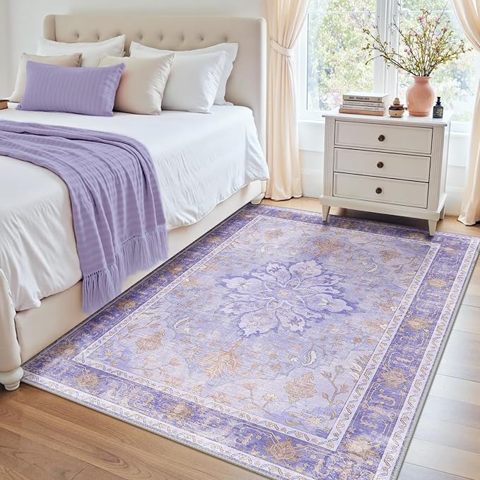 RELEANY Area Rugs 4'x6' Washable Non-Slip, Floral Vintage Distress Medallion Carpet for Living Room Bedroom Dining Room, Light Purple Brown