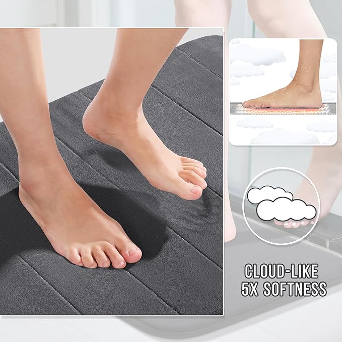 Yimobra U-Shaped Toilet Bath Mat Set 2 Piece - Soft Absorbent Quick Dry Memory Foam Bathroom Rugs, Machine Washable Non Slip Floor Carpet for Tub Shower & Single Sink (17x24 & 24x20, Dark Gray)
