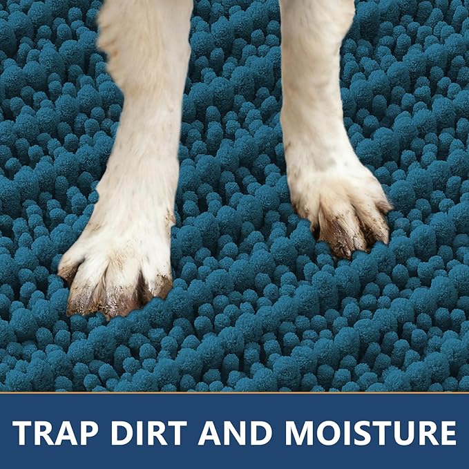 Smiry Dog Door Mat for Muddy Paws 48x30, Absorbent Dirt Trapper, Non-Slip Washable Chenille Entryway Rug for Inside Floor, Atlantic Blue, Layered Pattern