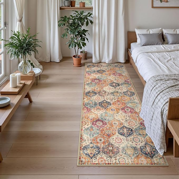 Lahome Moroccan Washable Kitchen Runner, 2x7 Runner Rug with Rubber Backing Non Slip, Vintage Hallway Rug Throw Carpet for Hallways Bedroom Laundry Room Entryway Elise, Cream/Multi