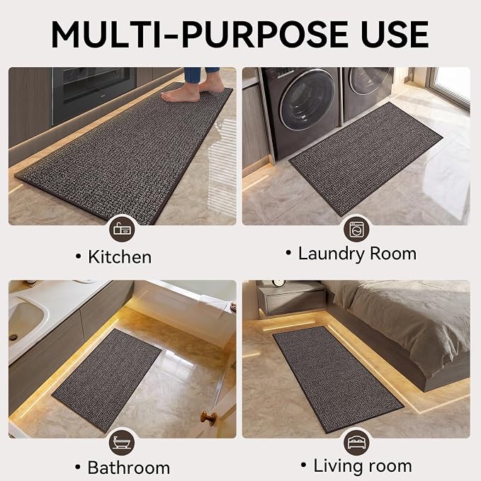 Kitchen Runner Rugs and Mat Non Slip Washable, Super Absorbent Kitchen Mats for Floor, Rubber Backing Soft Braided Standing Kitchen Sink Mat Kitchen Rug, Easy to Clean, Dark Brown 17"x59"