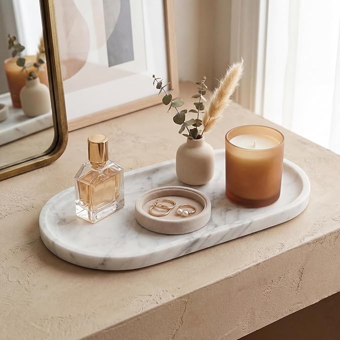 YKAJO Oval Real Marble Tray for Bathroom Kitchen Counter Stone Decorative Vanity Tray for Dresser Perfume Heavy Catchall Organizer for Soap Jewelry (Carrara White, 11.8" x 5.9")