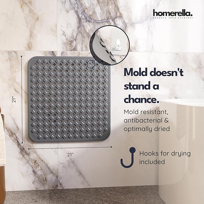 homerella® Shower Mat Non Slip Anti Mold, Non Slip Shower Mats for Inside Shower Stall Anti Slip Mat, Square Shower Floor Mat 21 x 21 in with Suction Cups & Hooks for Quick Drying, Machine Washable