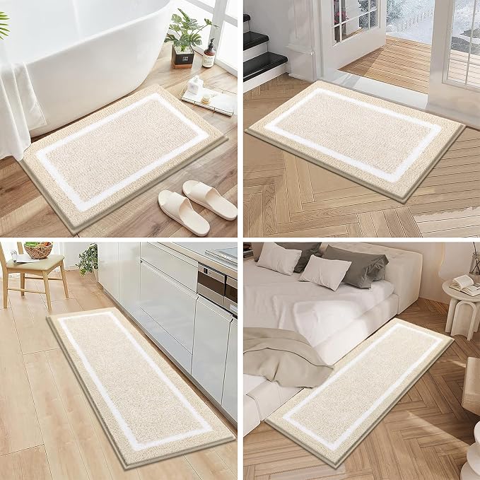 Pauwer Bathroom Rugs Sets 3 Piece Bathroom Shower Rugs with U-Shaped Contour Toilet Mat Absorbent Microfiber Plush Bath Mats Non Slip Bath Rugs Machine Washable Shaggy Bath Floor Mats, Light Beige