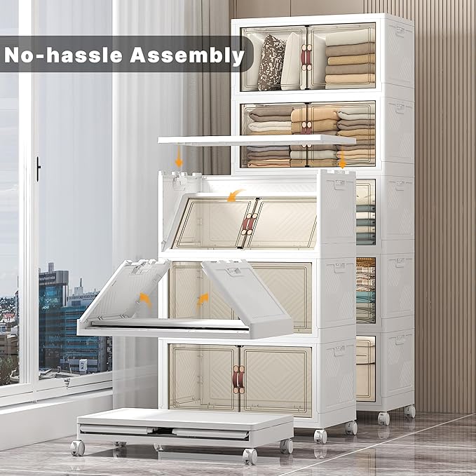 UAMFURI Stackable Storage Bins with Lids, 560QT Closet Organizers and Storage with Doors and Wheels, Extra Large Storage Cabinet, Collapsible Plastic Drawers for Bedroom Dorm Office Garage