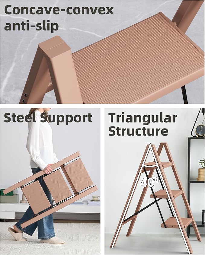 HillhutApex 3 Step Stool, Aluminum Foldable Step Ladder, Lightweight Stable Stool with Wide Non-Slip Pedals, 330lbs Bearing Capacity Ladder for Office,Home,Kitchen - Light Pink