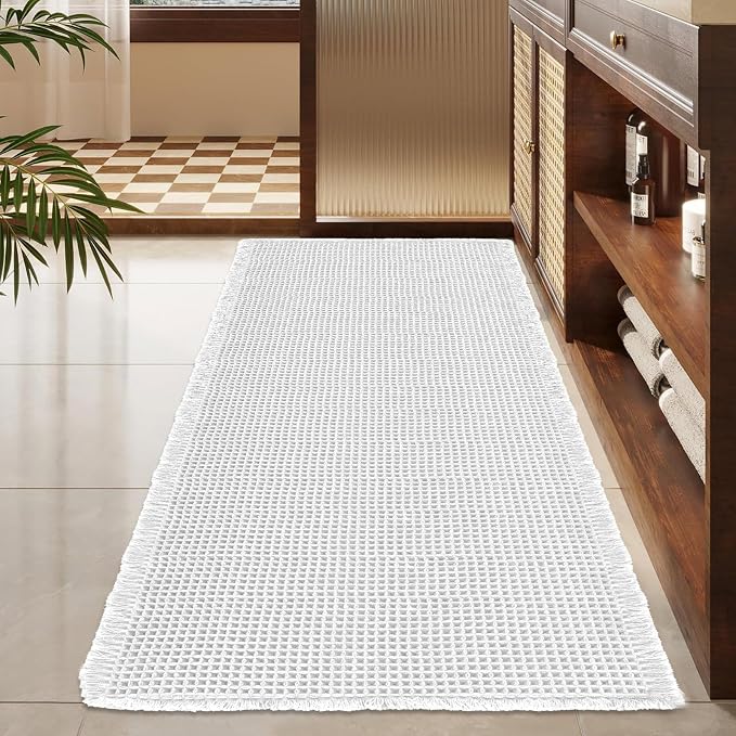 ZALL Waffle Bath Mat White Super Absorbent Non Slip Bathroom Rug 24x48inch,Machine Washable Ultra Soft Floor Mats