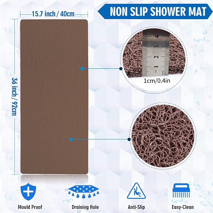 godehone Shower Mats Non Slip Without Suction Cups, PVC Loofah Bathroom Mats, Loofah Mats for Shower and Bathroom, Quick Drying, 15.7× 36 Inch, Brown