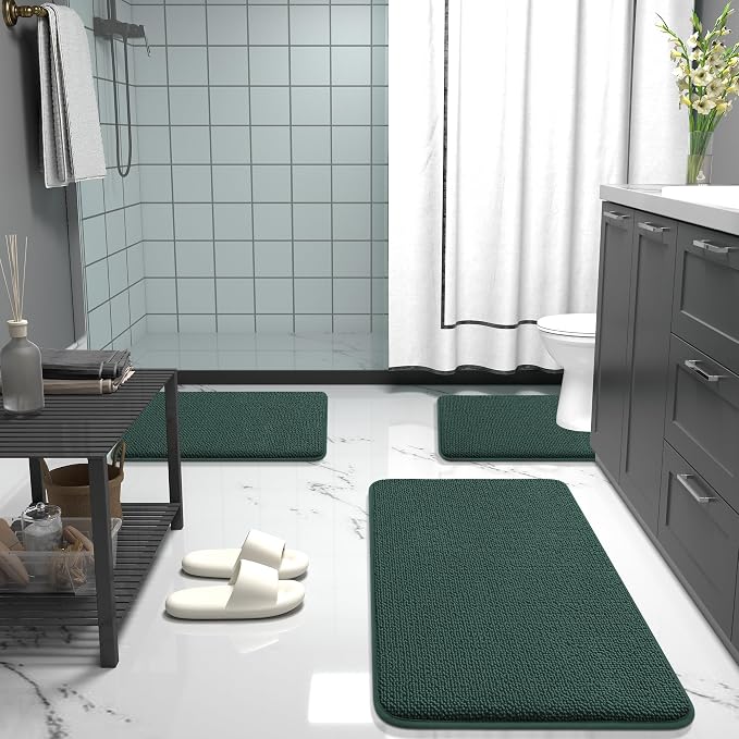 OLANLY Thick Memory Foam Small Bathroom Rugs 24x16, Extra Soft Absorbent Bath Rug, Quick Dry Bath Mats, Non-Slip, Washable Carpet for Bathroom, Tub and Shower, Home Decor Accessories, Blackish Green