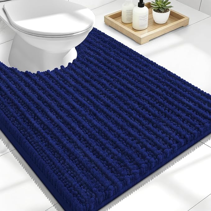 OLANLY Toilet Rugs U Shaped 24x20, Thick Soft and Absorbent Chenille Contour Bath Mat, Non-Slip Rubber Backing, Machine Washable Quick Dry Toilet Mat, Home Decor Accessories, Navy Blue