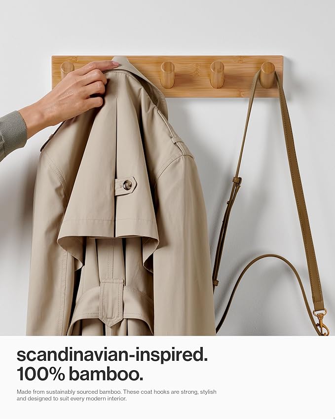 LARHN Wall Mounted Coat Rack with 5 Heavy-Duty 1" Diameter Hooks, 16.5" - Wooden Wall Hook Rack - Modern Scandinavian Home Decor
