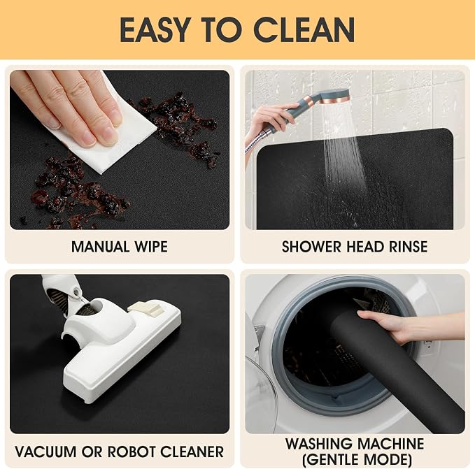 ACCUMTEK Non Slip Bath Mat, Thin Bathroom Rugs Fit Under Door, Quick Dry Bath Mats, Machine Washable Bath Rugs for Bathroom, Bathtub & Kitchen, Bathtub & Kitchen, Black/Solid/2 Piece