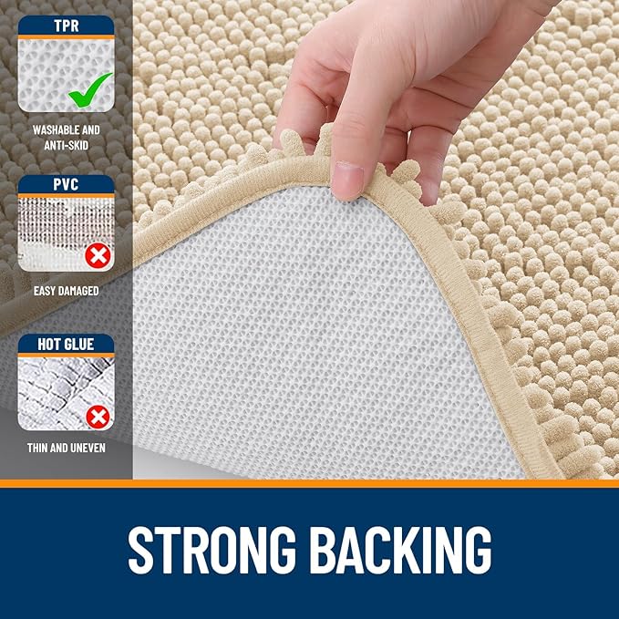 OLANLY Toilet Rugs U-Shaped 24x24, Extra Soft Absorbent Chenille Contour Bathroom Rugs for Toilet, Dry Quickly, Machine Washable, Non-Slip Bath Mat, Beige