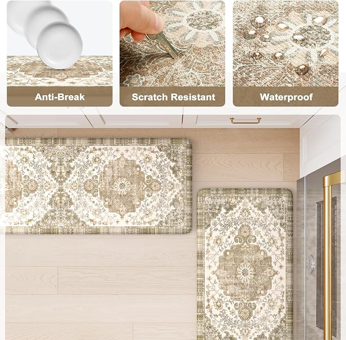KIMODE Anti Fatigue Mats for Kitchen Floor 2 Piece, Boho Floral Kitchen Rugs Non Slip, Cushioned Kitchen Floor Mats, Comfort Standing Desk Mat for Sink, Laundry, Desk Khaki Multi 17"x47"+17"x29"