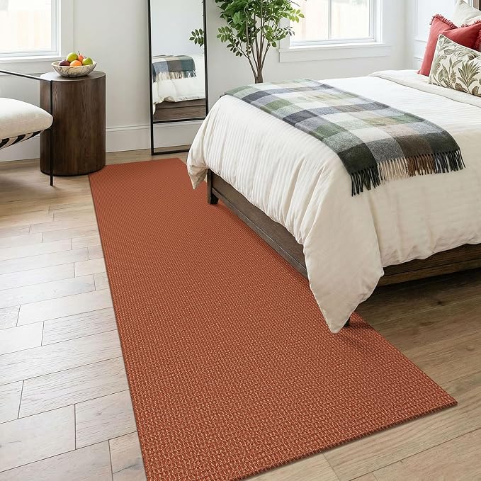 KOZYFLY Cotton Runners for Hallway 3x8, Wide Washable Runner Rug, Woven Non Slip Kitchen Runner, Braided Entryway Rug, Floor Carpet for Foyer, Bedroom, Hall, Burnt Orange/Tan