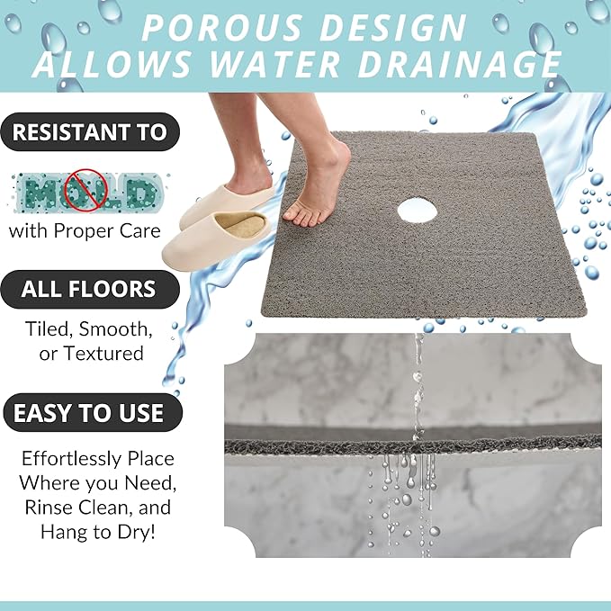 Enkosi Loofah Shower Mat with Drain Hole – Cushioned Anti-Slip Square Bath Mat for Showers, and Bathroom Floors – Textured PVC, Non Slip Safety Pad for Walk-in Stalls and Wet Areas (27x27 Grey)