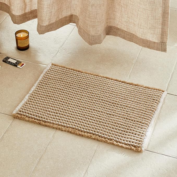 TYUU Waffle Bath Mat, Boho Bathroom Rugs Non Slip Washable Super Absorbent Quick Dry Bath Mat Farmhouse Bathroom Decor, 30"x20" Khaki and White