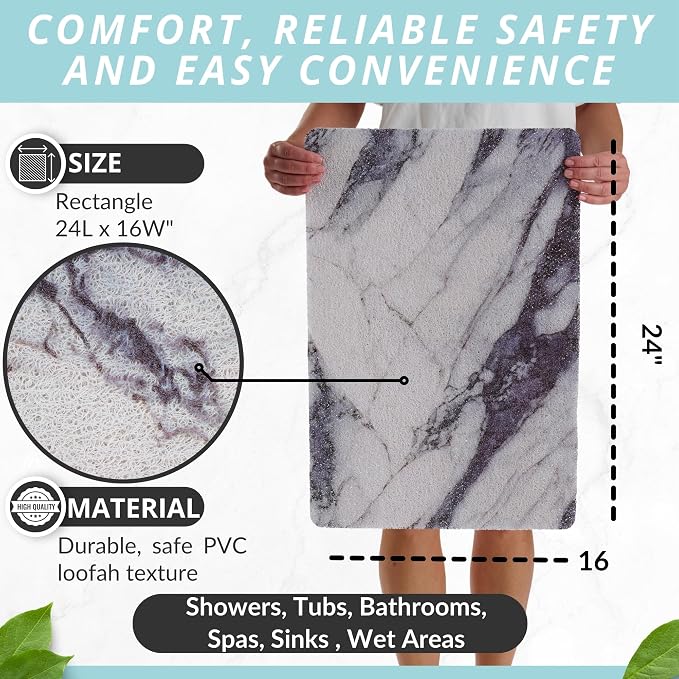 ENKOSI Loofah Non-Slip Shower and Bath Mat - Soft Cushioned Comfort - No Suction Cups for Smooth or Textured Tubs - Fast Draining - Safety for Bathroom, Family, and Elderly (24x16 Marble Grey Blue)