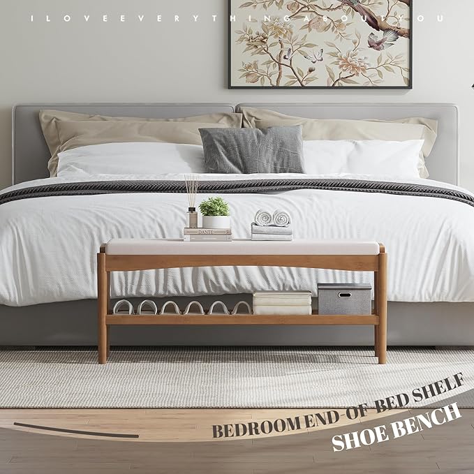 STDDRE Shoe Bench Entryway Bamboo 2-Tier Shoe Rack with Cushion Padded Seat Shoe Bench Organizer Stable for Entry, Hallway, Living Room, Bedroom, Closet (39.4 * 11.4 * 16.5IN, Brown-Beige)