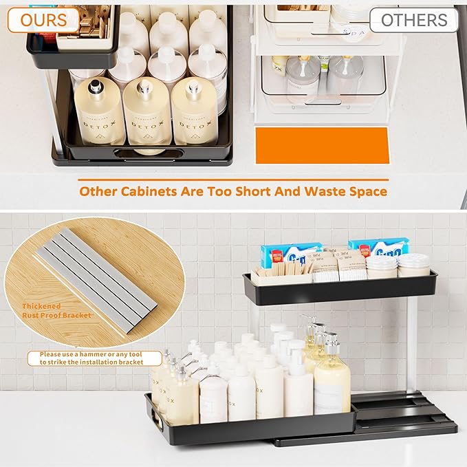 Yieach 2 Pack 10.8″ High Pull Out Under Sink Organizer,14.5″ Deep 2 Tier Slide Out Cabinet Organizer for Kitchen Cabinet,Undersink Organizers,Under Sink Shelves,Bathroom Organizers and Storage,Black