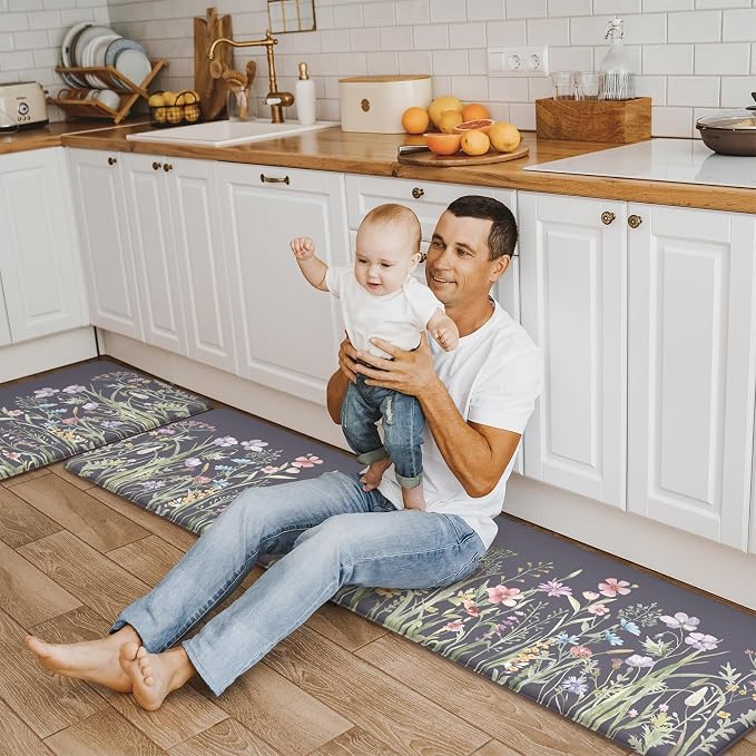 KIMODE Anti Fatigue Kitchen Mat for Floor, 17"x59"+17"x29" Floral Kitchen Rugs Sets of 2, Kitchen Floor Mats Non-Slip, Cushioned Standing Desk mat for Sink, Laundry, Office Dark Grey/Purple