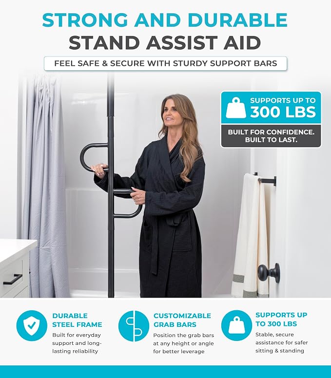 Stander Double Handle Non-Rotating Floor to Ceiling Grab Bar, No-Drill Tension Mounted Transfer Pole for Seniors, Bath Safety & Bedside Assist Rail for Home Standing Support & Fall Prevention, Black