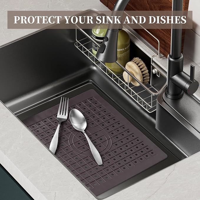 WILLKOMMEN Kitchen Sink Mat, 12" x 10" Rectangular Sink Protector Pad, Fast-Draining Grid Design Liner, Dish Drying Mat 2 Pack Coffee