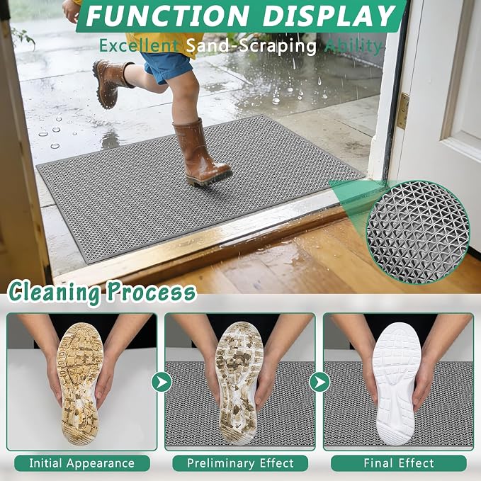 WochiTV Non Slip Drainage Mats, Front Door Mat, PVC Pool Floor Mat 0.2'' Thick Rubber Outdoor Indoor, Parking Space Mat for Bathroom Garage Basement Backyard Commercial Kitchen, 1.4x2.3Ft Grey