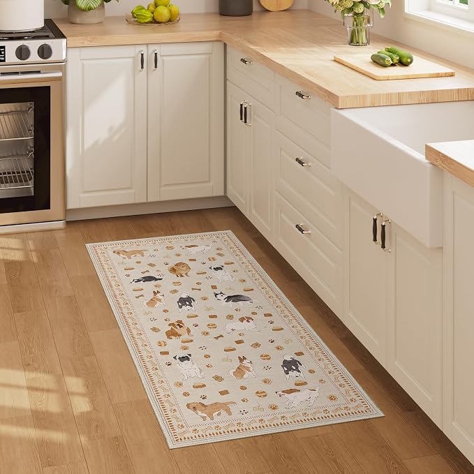 DUKINO 2x4 Runner Rug for Entryway, Animal Dog Print Washable Kitchen Rug with Non Slip, Low Pile Indoor Door Mat Non Shedding Small Carpet Runner for Hallway, Bathroom, Laundry, Bedroom, Beige Yellow