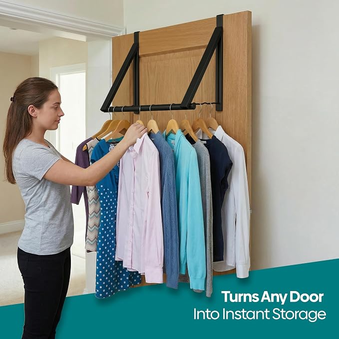 HOLDN’ STORAGE Over The Door Hanger - Foldable Rack Organizer for Hanging Clothes, Coats & Towels, Ideal for Dorm Rooms, Laundry, Bathrooms, Etc - Holds up to 35 LBs, Collapsible - Black
