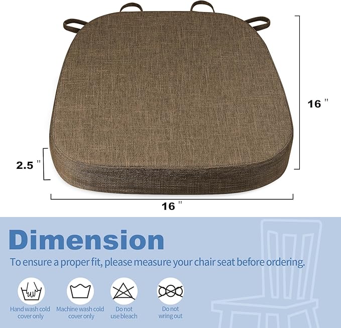 BUYUE Thickened 2.5" Dining Chair Cushions Set of 4, U-Shape High Density Foam Comfortable Chair Pads for Kitchen, Slip Resistant Indoor Seat Cushions (4 PCS, Brown)