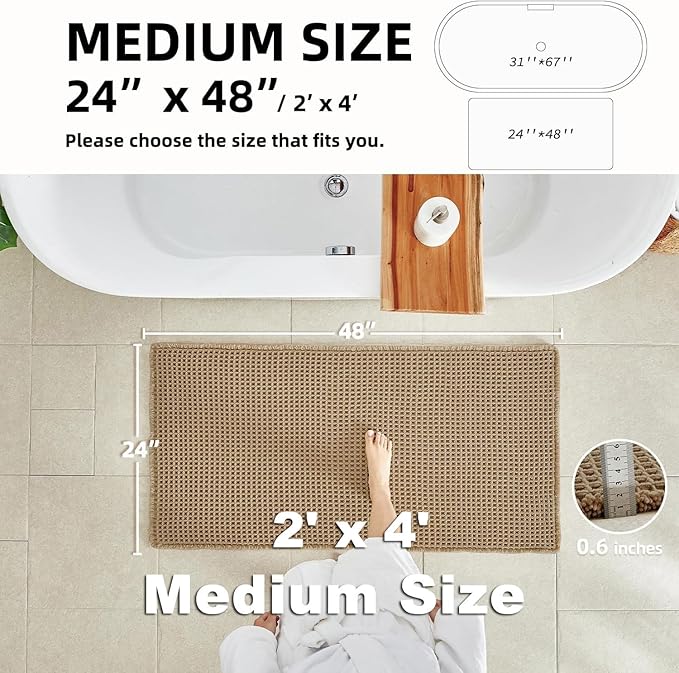 TYUU Waffle Bath Mat, Boho Bathroom Rugs Non Slip Washable Super Absorbent Quick Dry Farmhouse Bathroom Decor, 48"x24" / 4'x2' Khaki