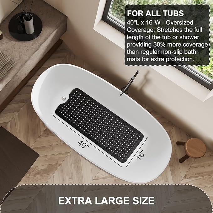 TEESHLY Bath Tub and Shower Mats, Non Slip 40 x 16 Inch Extra Long Bathtub Mat, Machine Washable Bathmat with Drain Holes, Suction Cups for Bathroom Floor, Black