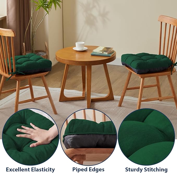 IASEAHK Chair Cushions for Dining Chairs, Seat Cushions for Kitchen Chairs, Indoor Seat Cushions with Ties, Tufted Foam Chair Pads, Non Slip Chair Cushions Set of 4, 15.5" x 15.5" x 4", Dark Green