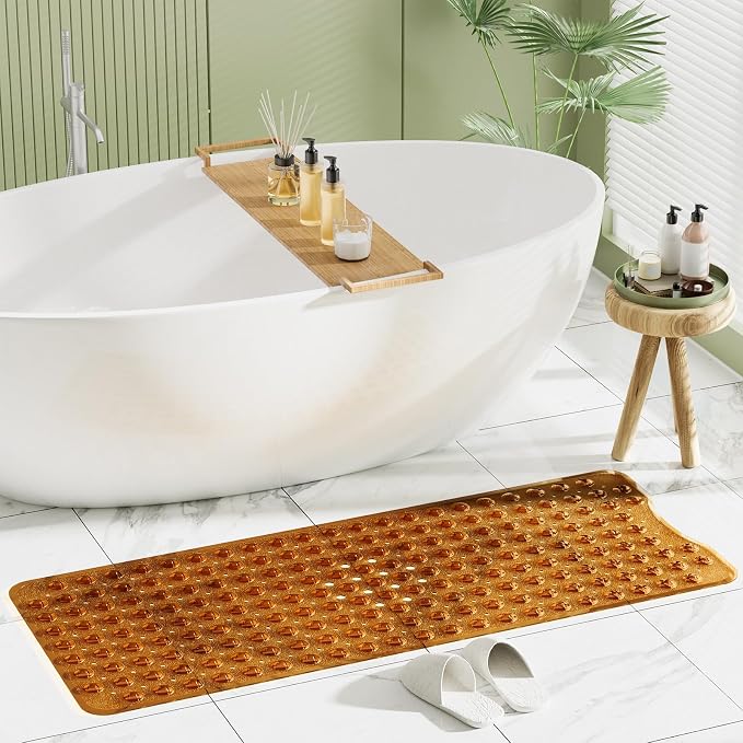 AmazerBath Shower Mat Non Slip 40 x 16 Inches, Shower Stall Mats with Suction Cups and Drain Holes, Non Slip Bath Mat for Tub for Elderly & Kids, Clear Brown