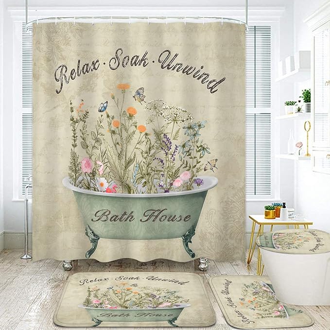 Nkzply 4 Pcs Green Floral Shower Curtain Set Vintage Flowers Leaves Bathroom Sets with Shower Curtain and Rugs Rustic Plant Farmhouse Bathroom Decor Country Bathtub Bathroom Rugs Toilet Lid Cover