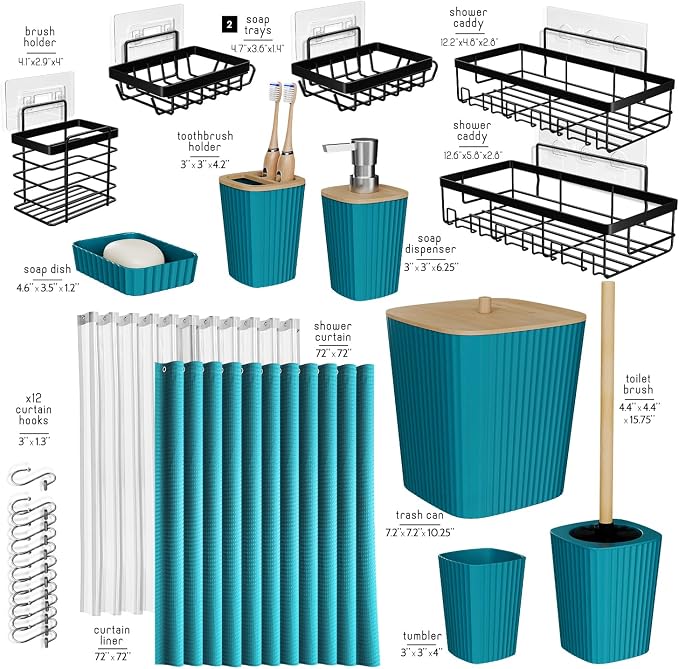 Clara Clark Bathroom Accessories Set - Bathroom Set with Adhesive Corner Shower Caddy Hanging, 25PC Bathroom Accessory Set, Teal Shower Curtain Set, Toilet Brush, Trash Can & Soap Dispenser