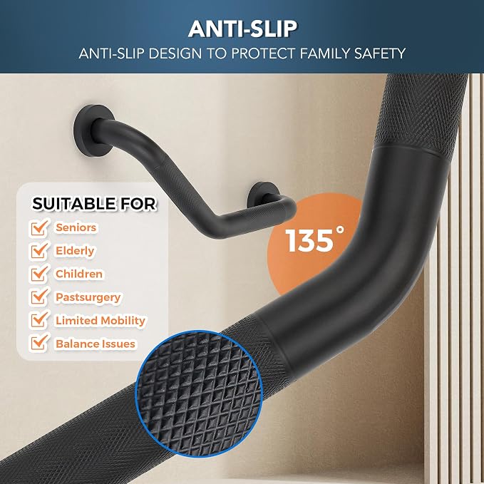 Grab Bars for Bathtubs and Showers- 1-1/4 x 16 Angled Shower Grab Bar for Seniors Knurled Stainless Steel Handicap Grab Bars for Wall (Black, 2 Pack)