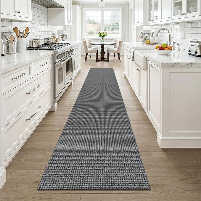 KOZYFLY Cotton 2x12 Runners Rugs for Hallway, Long Washable Runner Rug, Woven Non Slip Kitchen Runner, Braided Entryway Rug, Floor Carpet for Entry, Aisle, Hall, Grey/Dark Grey