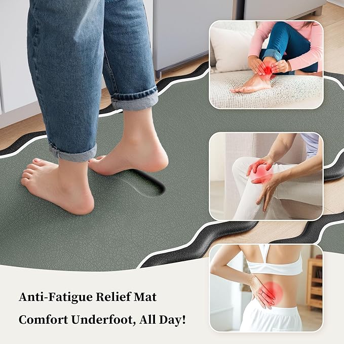 Arenarug Scalloped Black Gray Kitchen Mats Rugs Sets of 2 Cushioned Anti Fatigue Floor Mat Waterproof Kitchen Rugs Non Slip Foam Comfort Standing Mat for Sink Laundry, 17.3"x30"+17.3"x59"
