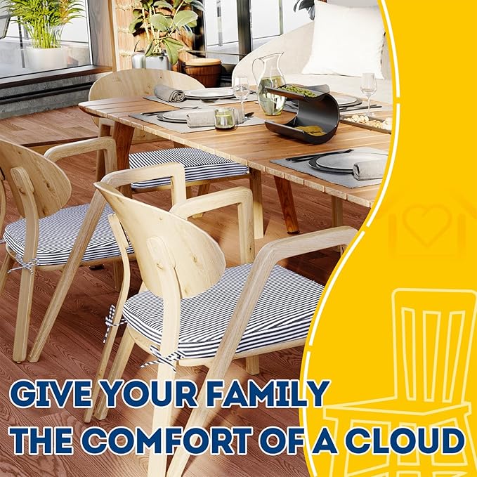 AAAAAcessories D-Shaped Chair Cushions, Featuring Ties and Removable, Machine-Washable Cover, 2'' Thick Seat Pads for Kitchen and Dining Rooms, 17'' x 16'', Set of 2, Pinstripe Dark Gray