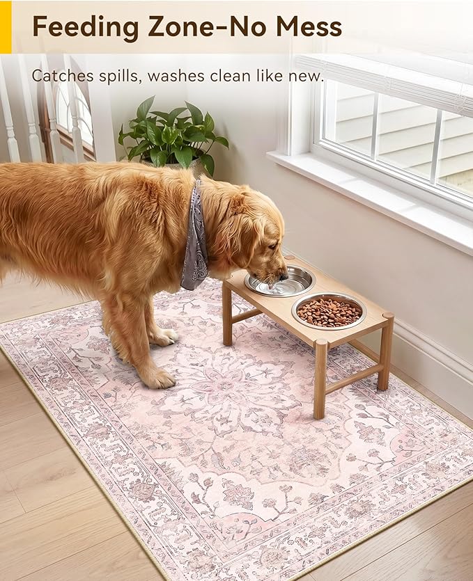 RELEANY Area Rugs Small 2'x3' Washable Non-Slip, Floral Vintage Distress Medallion Carpet for Kitchen Entryway Bathroom, Pink Greypink Cute