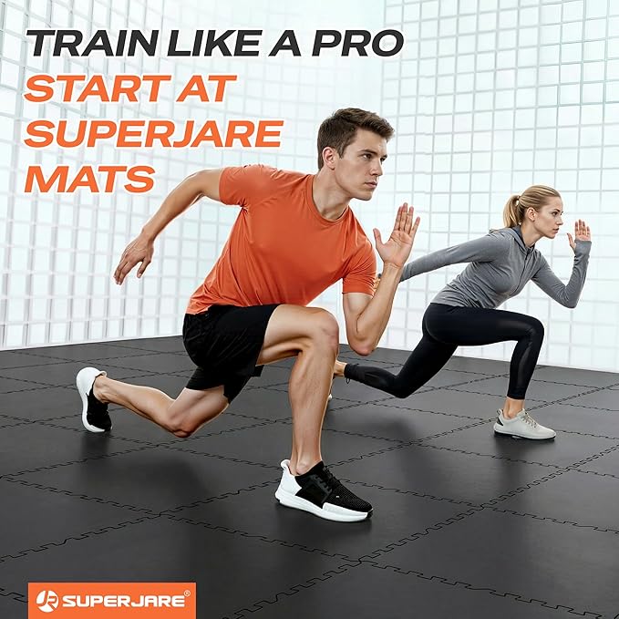 SUPERJARE 0.56'' Thick 48 Pcs 192 Sq Ft Rubber Top Exercise Equipment Mats, High Density EVA Foam Mats with Rubber Top, Interlocking Gym Flooring for Home Gym, Protective Workout Mat, Black