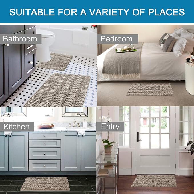 H.VERSAILTEX Bathroom Rugs Bath Rug Set 2 Piece Bathroom Contour Rug Toilet Mat Sets Non Slip Contour Bath Rug Ultra Thick Water Absorbent Striped Bath Mats Washable(20" x 32" Plus 20" x 20" U, Taupe)