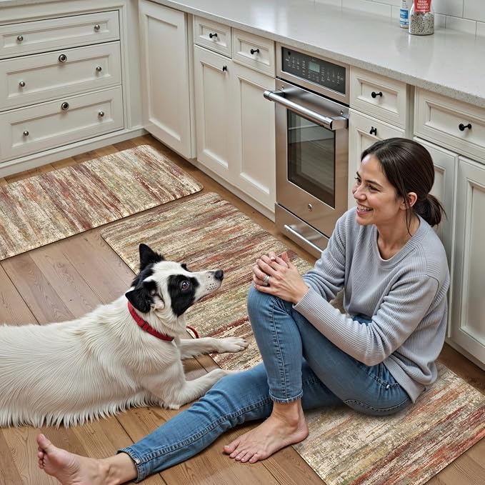 KIMODE Anti Fatigue Kitchen Mats, Farmhouse Kitchen Rugs Sets of 2, Non Slip Kitchen Mats for Floor, Cushioned Kitchen Floor Mats for Sink Laundry Office Desk Red Brown 17"x47"+17"x29"