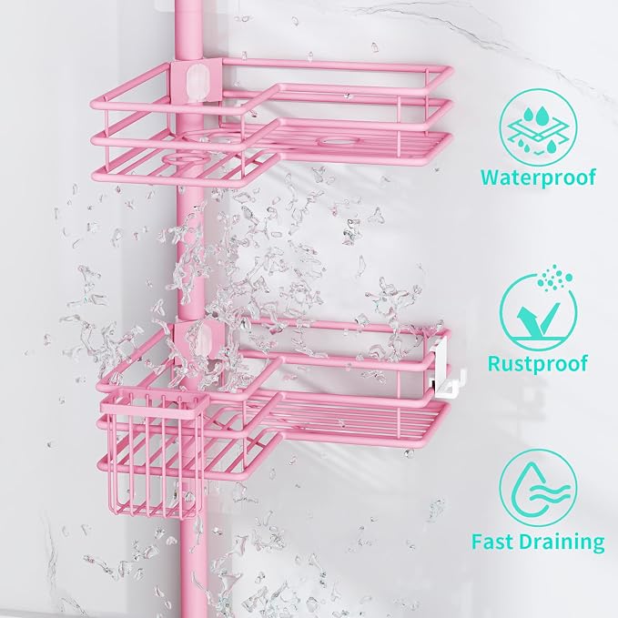 HapiRm Corner Shower Caddy Organizer - Shower Organizer Corner with Soap Holder, Toothbrush Holder and 4 Hooks, Rustproof Bathroom Shelf Tension Pole Available for 27.6 to 108.3 Inch - Pink