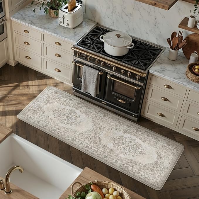 PureCozy Kitchen Mats 2PCS Anti Fatigue Cushioned Mat Beige Vintage Kitchen Mats for Floor Waterproof Non Slip Comfort Standing Medallion Floral Rug for Sink Laundry Office 17.3"x59"+17.3"x30"